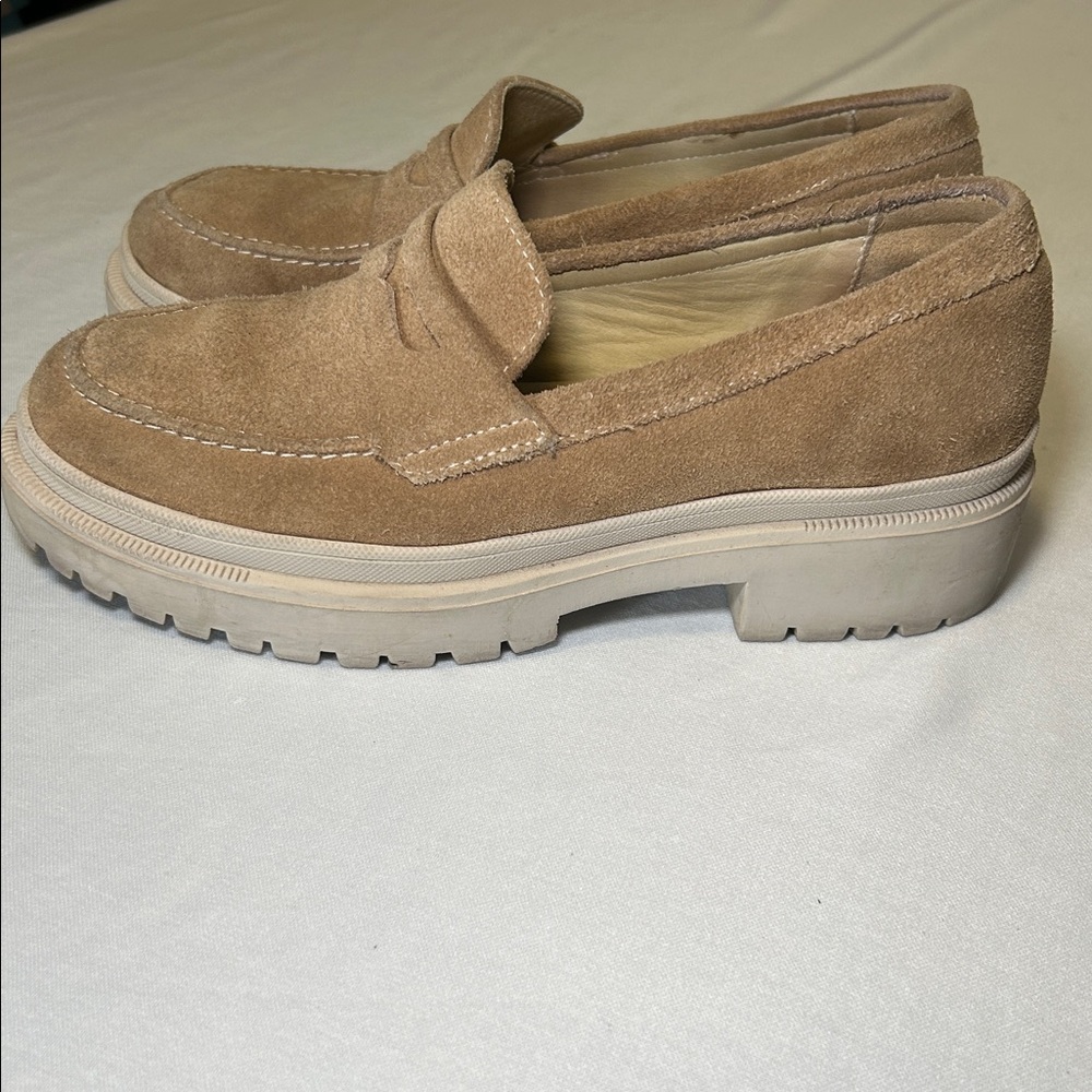 Patina Zoe Suede Slip On Platform Loafers Chunky Tan Round Toe Size 8.5 - Picture 5 of 16